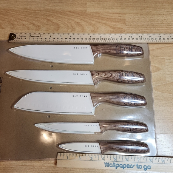 New Rae Dunn Knife Set Cream Brown Faux Wood Handles